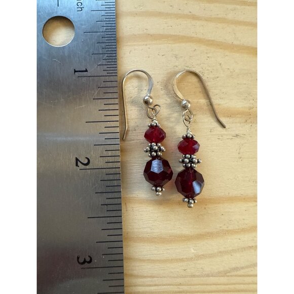 Ruby Red Beaded Dangle Earrings Silver Tone Accents Fishhook Backing Lightweight - Picture 3 of 3